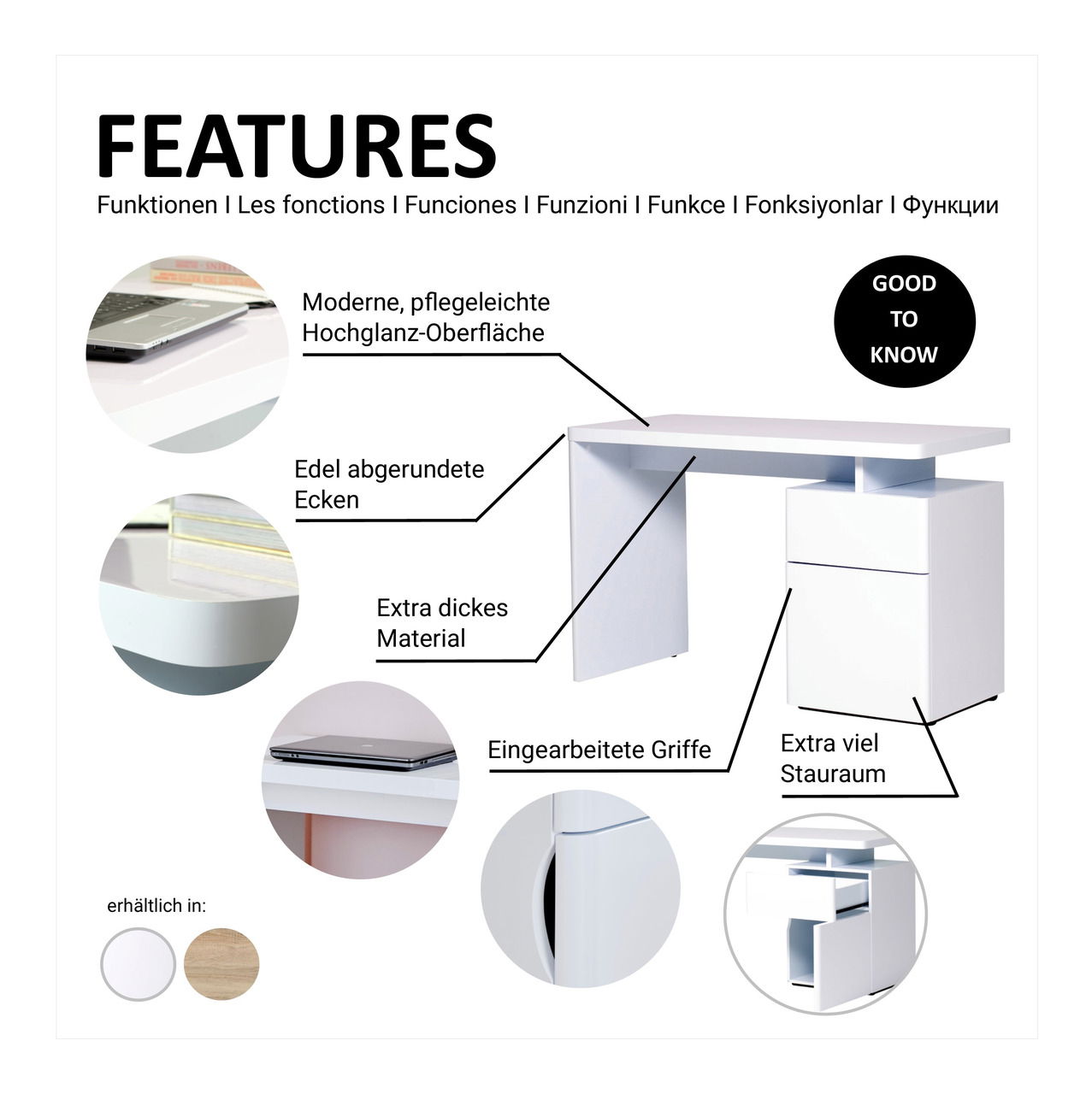 Moderner Schreibtisch mit pflegeleichter Hochglanz-Oberfläche, edel abgerundeten Ecken und extra dickem Material. Integrierte Griffe und viel Stauraum. Seitenansicht.