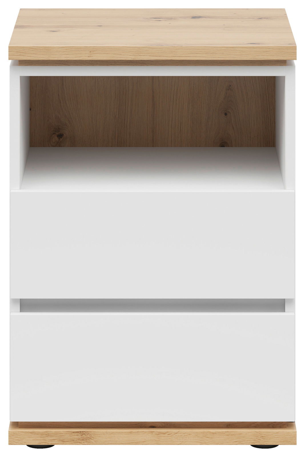 Frontansicht einer modernen Nachtkommode mit weißem Korpus und Holzoberfläche, zwei Schubladen und einem offenen Fach.