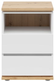 Frontansicht einer modernen Nachtkommode mit weißem Korpus und Holzoberfläche, zwei Schubladen und einem offenen Fach.