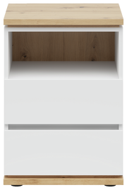 Frontansicht einer modernen Nachtkommode mit weißem Korpus und Holzoberfläche, zwei Schubladen und einem offenen Fach.