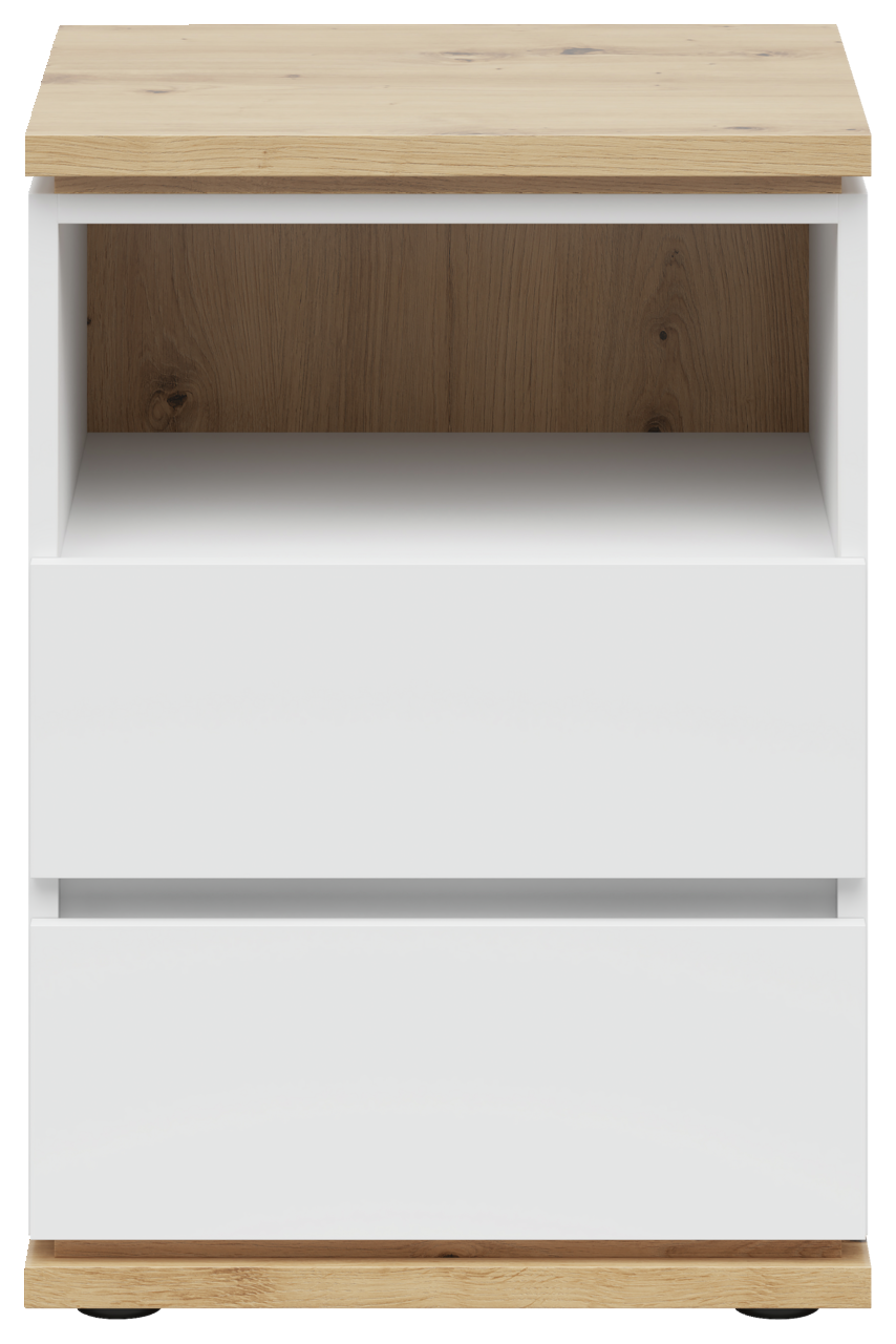 Frontansicht einer modernen Nachtkommode mit weißem Korpus und Holzoberfläche, zwei Schubladen und einem offenen Fach.