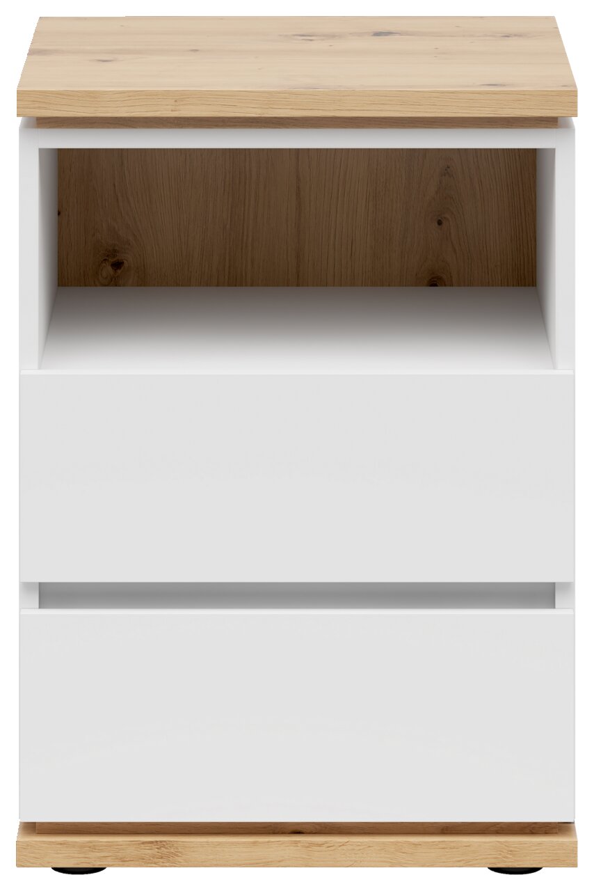 Frontansicht einer modernen Nachtkommode mit weißem Korpus und Holzoberfläche, zwei Schubladen und einem offenen Fach.