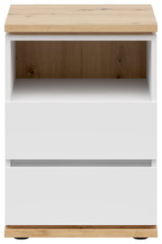 Frontansicht einer modernen Nachtkommode mit weißem Korpus und Holzoberfläche, zwei Schubladen und einem offenen Fach.