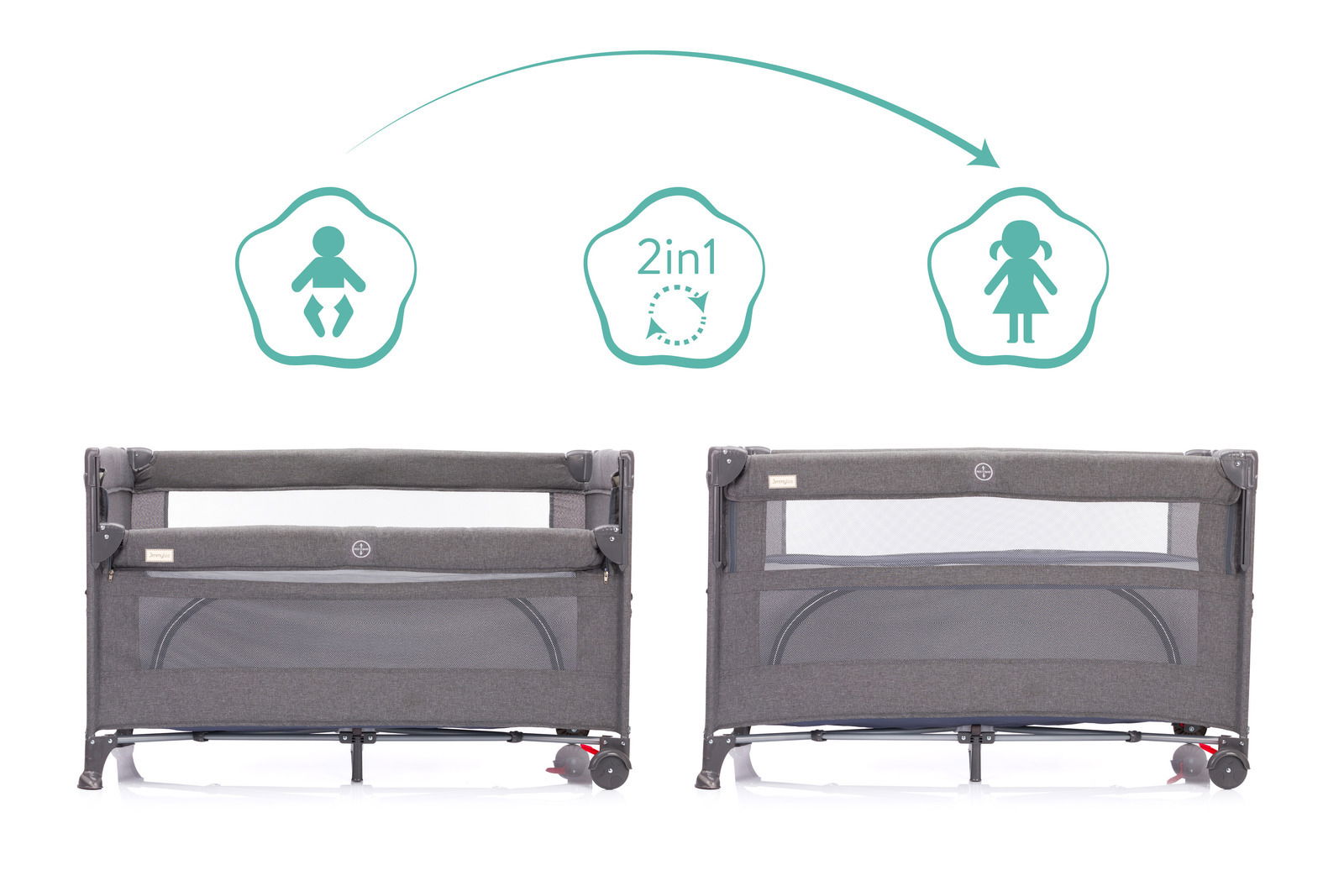 Reisebett in grauer Farbe, 2-in-1 Funktion, Vorderansicht