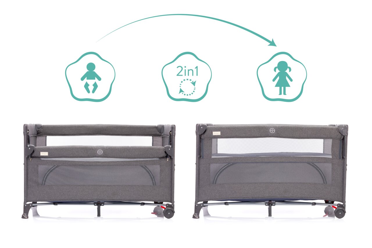 Reisebett in grauer Farbe, 2-in-1 Funktion, Vorderansicht