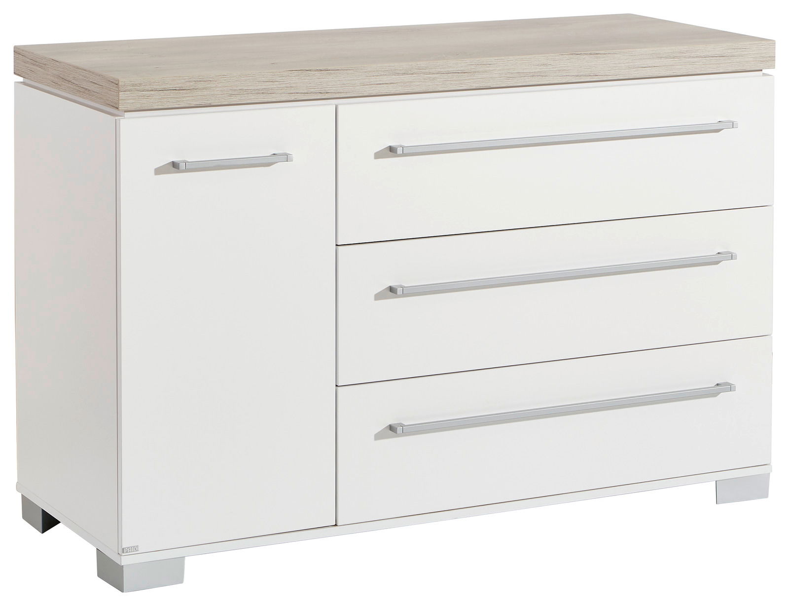 Paidi Kommode KIRA Weiße Kommode mit drei Schubladen und einer Tür, Holzoberfläche, Frontansicht
