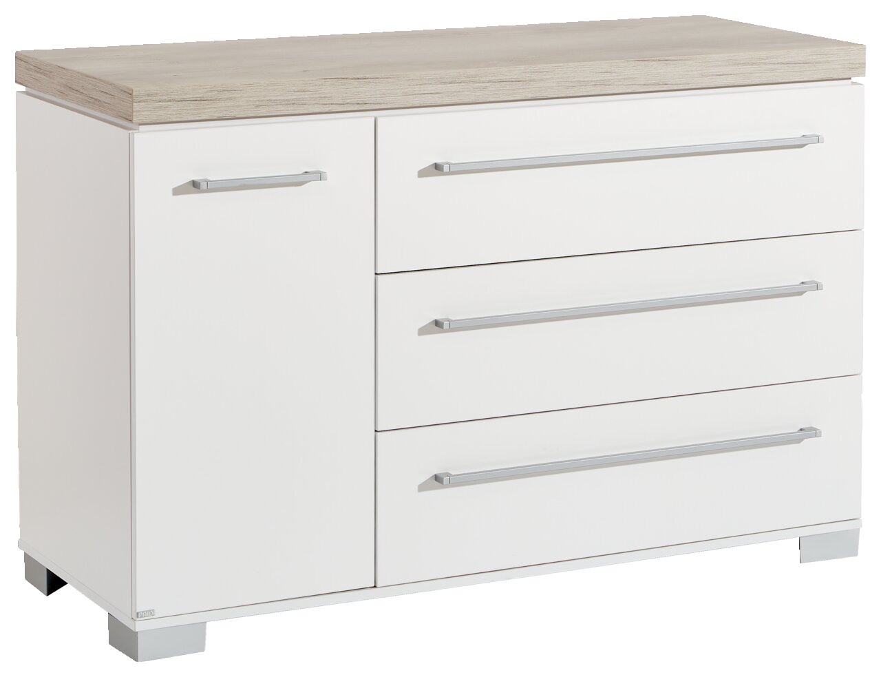 Weiße Kommode mit drei Schubladen und einer Tür, Holzoberfläche, Frontansicht