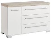 Weiße Kommode mit drei Schubladen und einer Tür, Holzoberfläche, Frontansicht