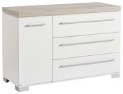 Weiße Kommode mit drei Schubladen und einer Tür, Holzoberfläche, Frontansicht