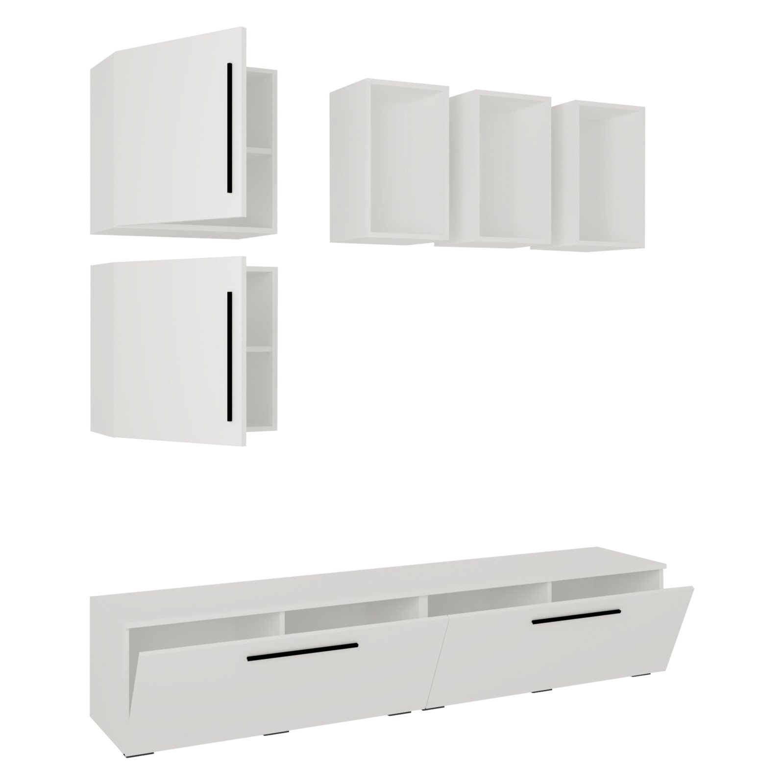 Weiße, moderne Wohnzimmermöbel-Set mit zwei Hängeschränken mit schwarzen Griffleisten, drei offenen Wandregalen und einem Lowboard mit Klappenfächern, in schräger Frontansicht auf weißem Hintergrund