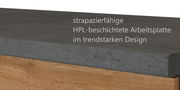 Nahaufnahme einer strapazierfähigen, HPL-beschichteten Arbeitsplatte in trendstarkem Design, seitliche Perspektive