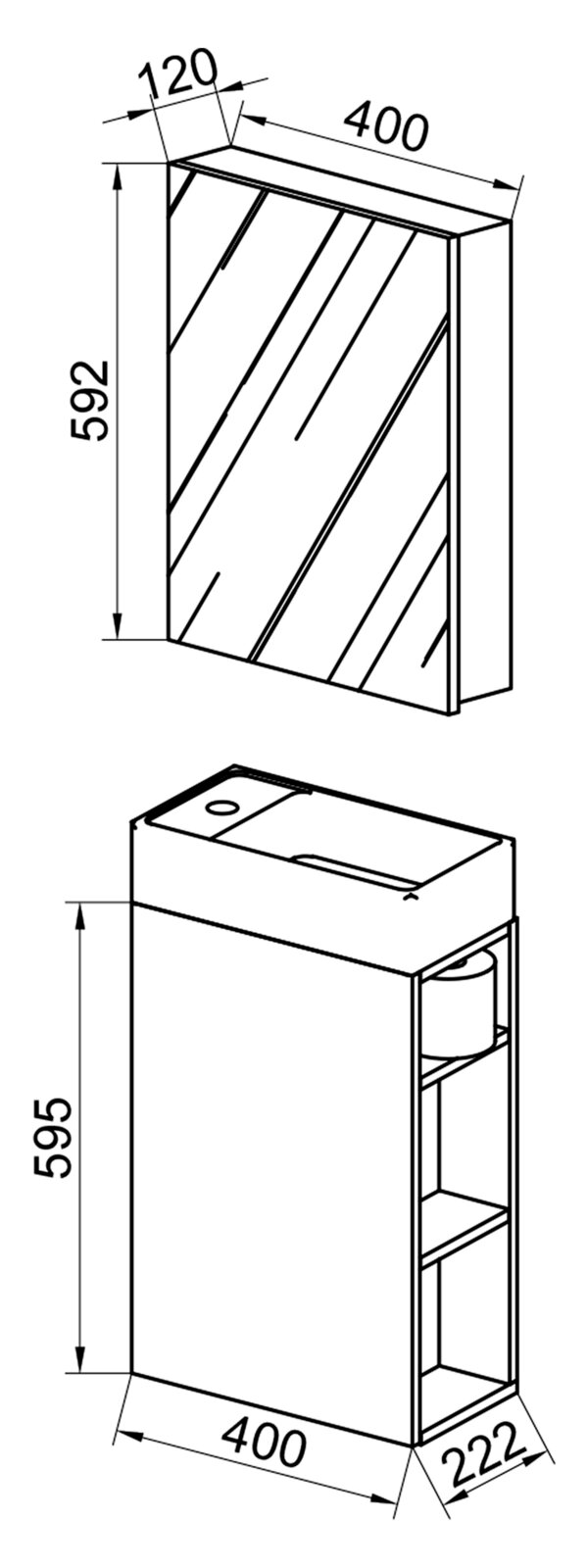 Technische Strichzeichnung eines schmalen Wand-Badschranks mit Spiegel-/Frontplatte, Maße ca. 400 mm Breite, 592/595 mm Höhe und 120/222 mm Tiefe, dargestellt in schräger Front- und Seitenansicht (Perspektive: 3/4-Ansicht).