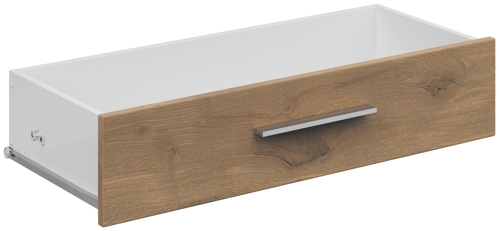 Schublade mit Holzfront und Metallgriff, seitliche Perspektive