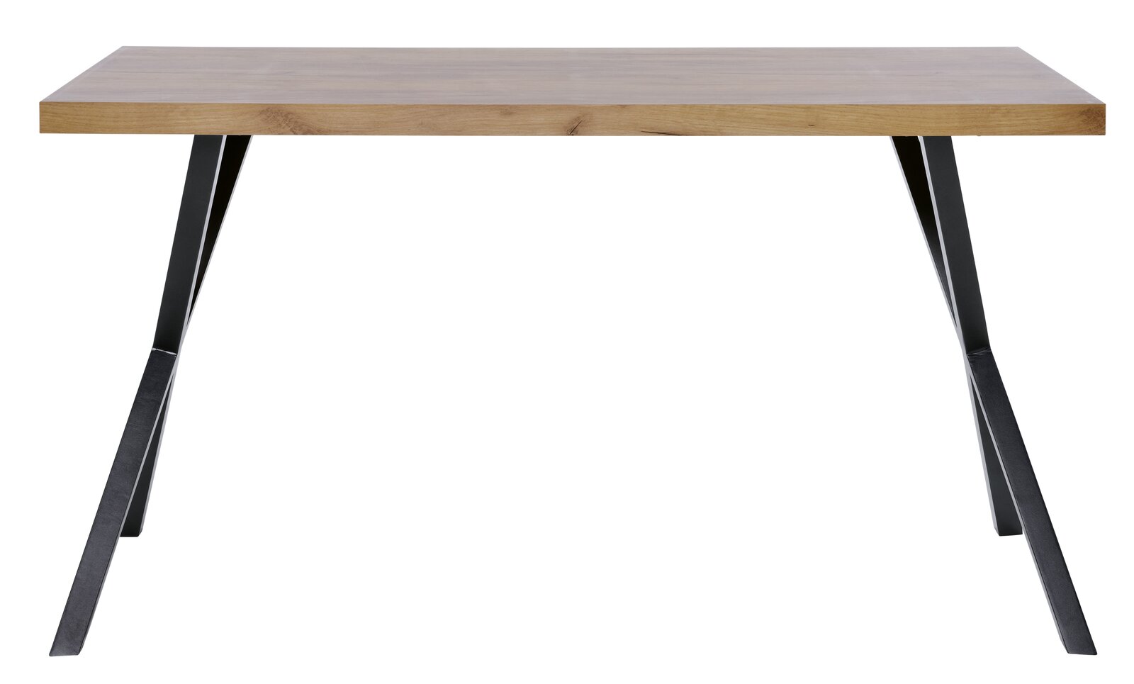 Moderner Schreibtisch mit Holzplatte und schwarzen Metallbeinen, Frontalansicht