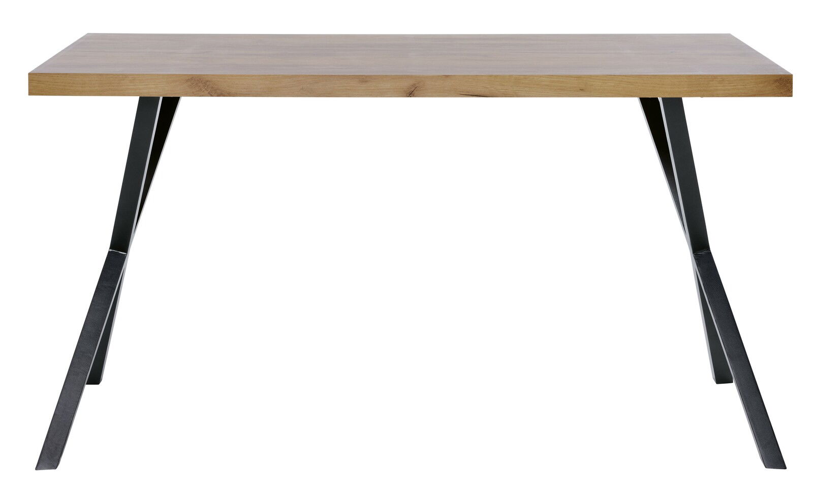 Moderner Schreibtisch mit Holzplatte und schwarzen Metallbeinen, Frontalansicht