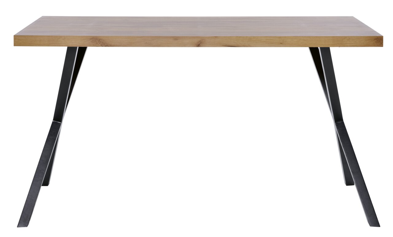Moderner Schreibtisch mit Holzplatte und schwarzen Metallbeinen, Frontalansicht