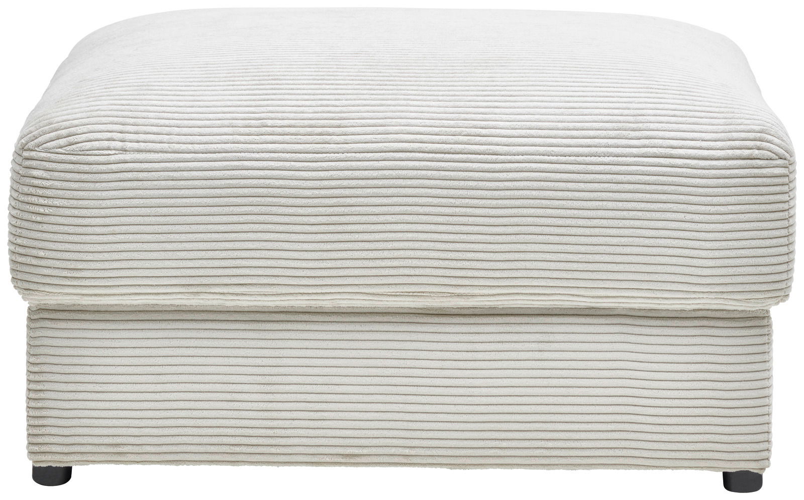 Hocker aus cremefarbenem, geripptem Stoff, frontal fotografiert.
