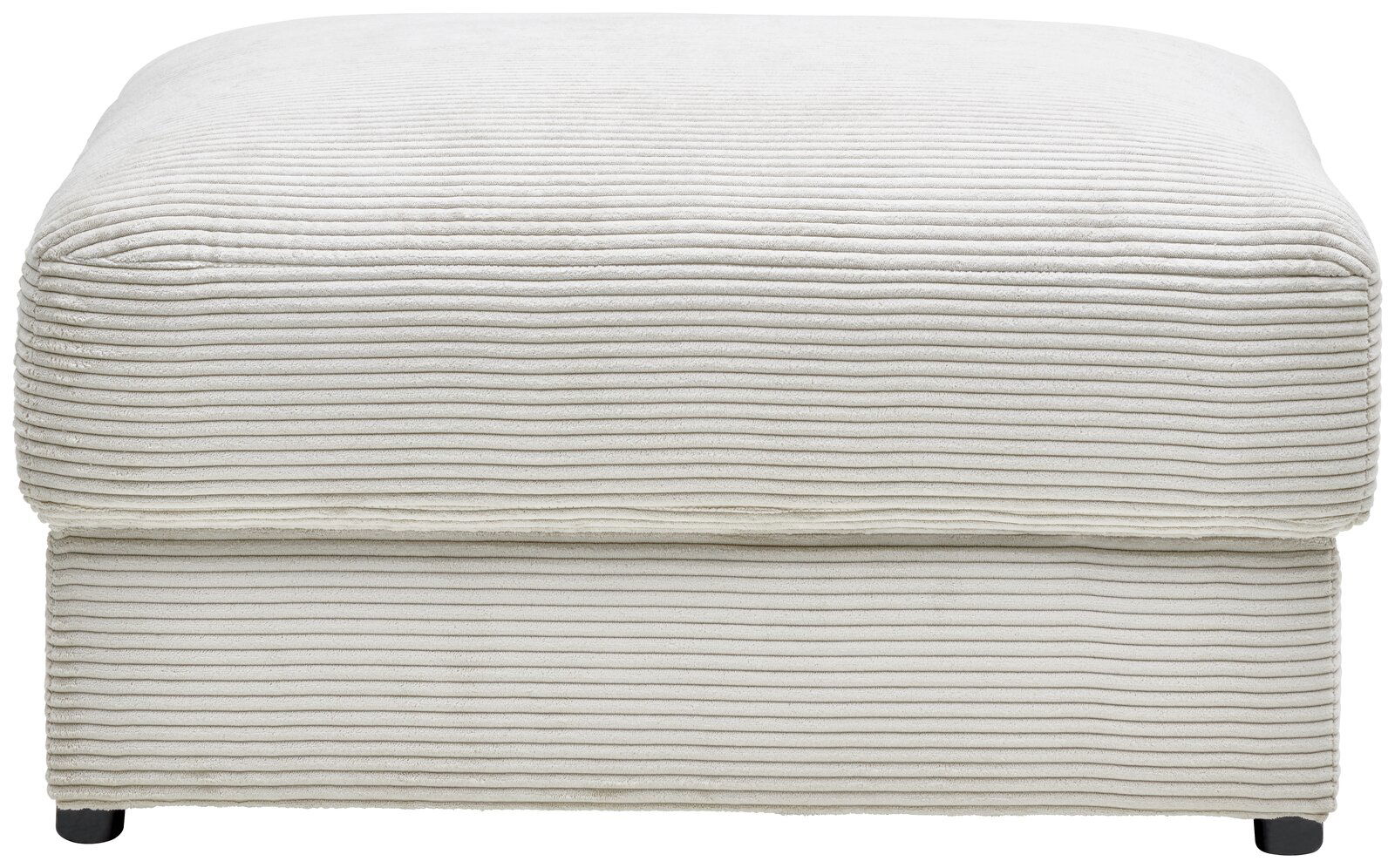 Hocker aus cremefarbenem, geripptem Stoff, frontal fotografiert.