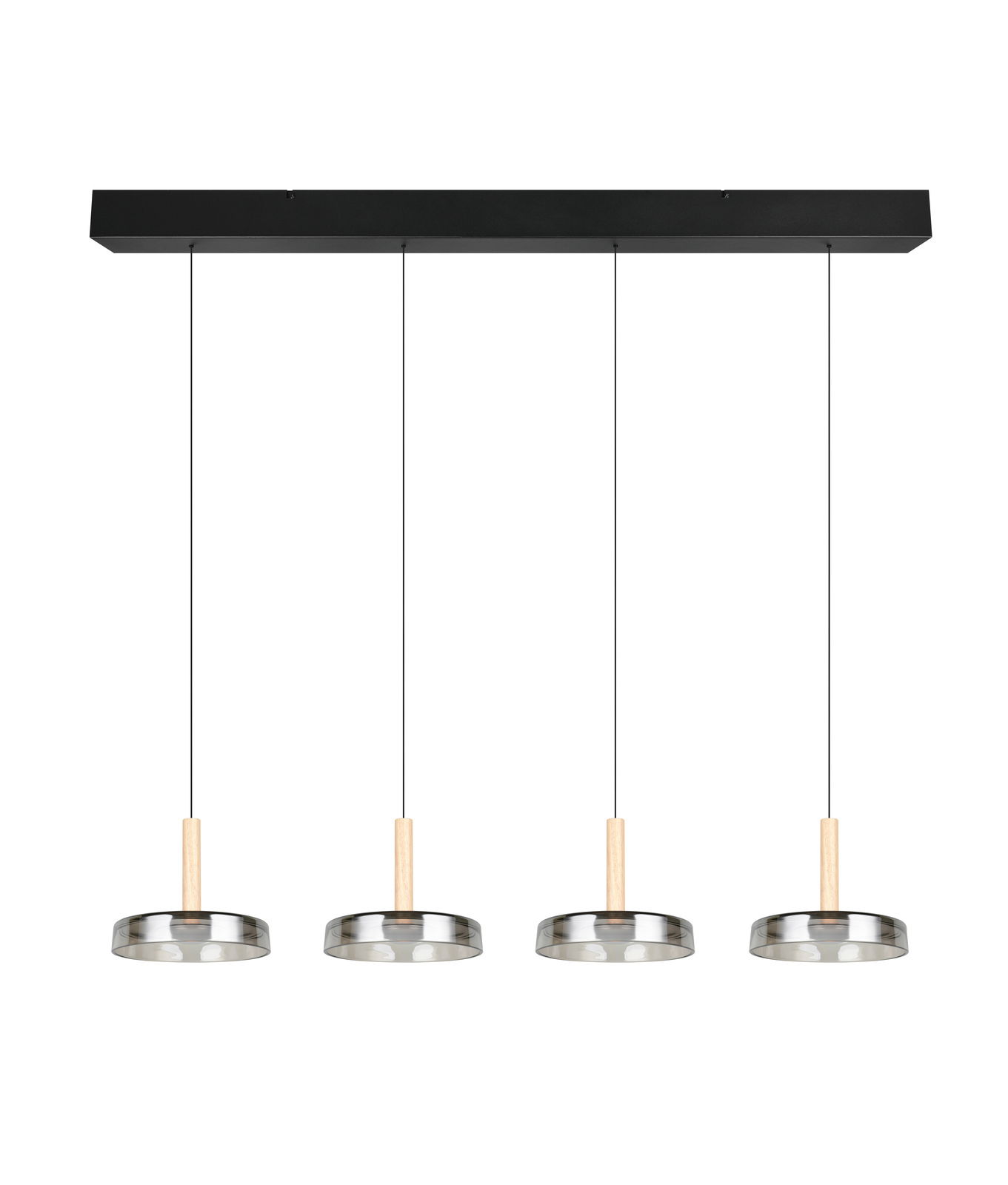 Moderne Pendelleuchte Celeste mit vier hängenden Lampen, schwarze Aufhängung und Holzdetails, Frontalansicht.