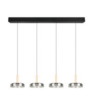 Moderne Pendelleuchte Celeste mit vier hängenden Lampen, schwarze Aufhängung und Holzdetails, Frontalansicht.
