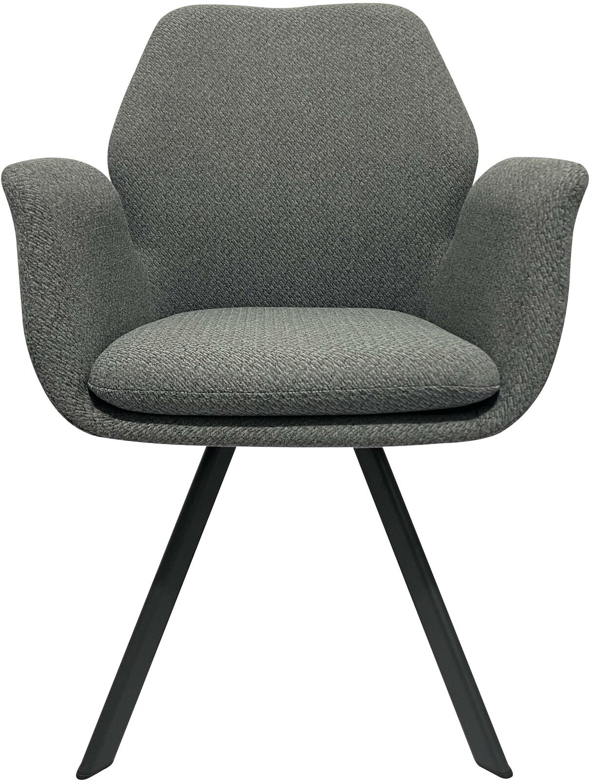 Moderner grauer Sessel mit Armlehnen und schwarzem Metallgestell, Frontalansicht