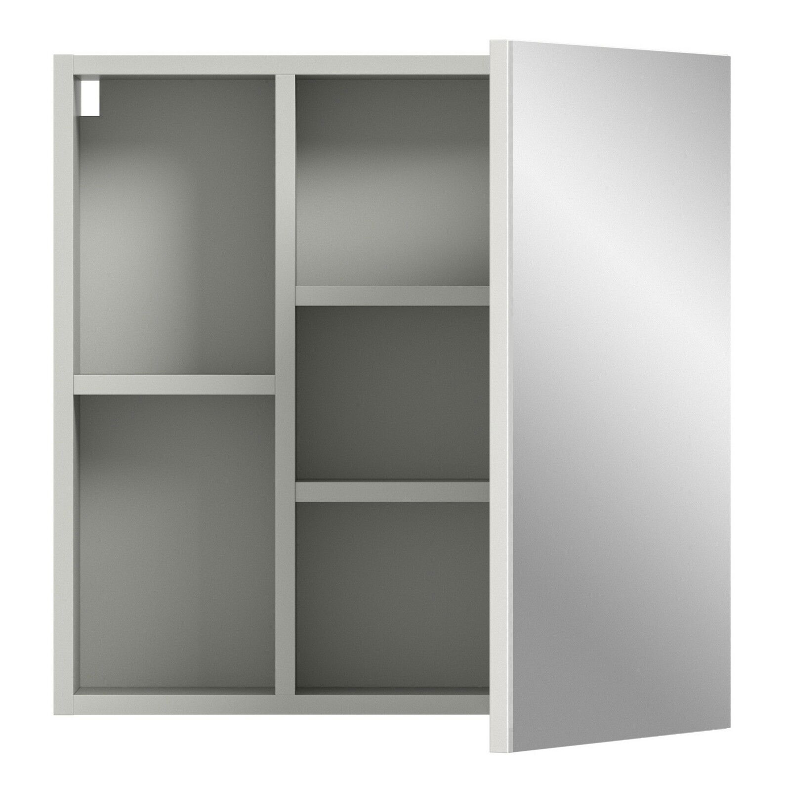 Spiegelschrank mit geöffneter Tür, zeigt Innenfächer aus der Frontalperspektive