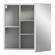 Spiegelschrank mit geöffneter Tür, zeigt Innenfächer aus der Frontalperspektive