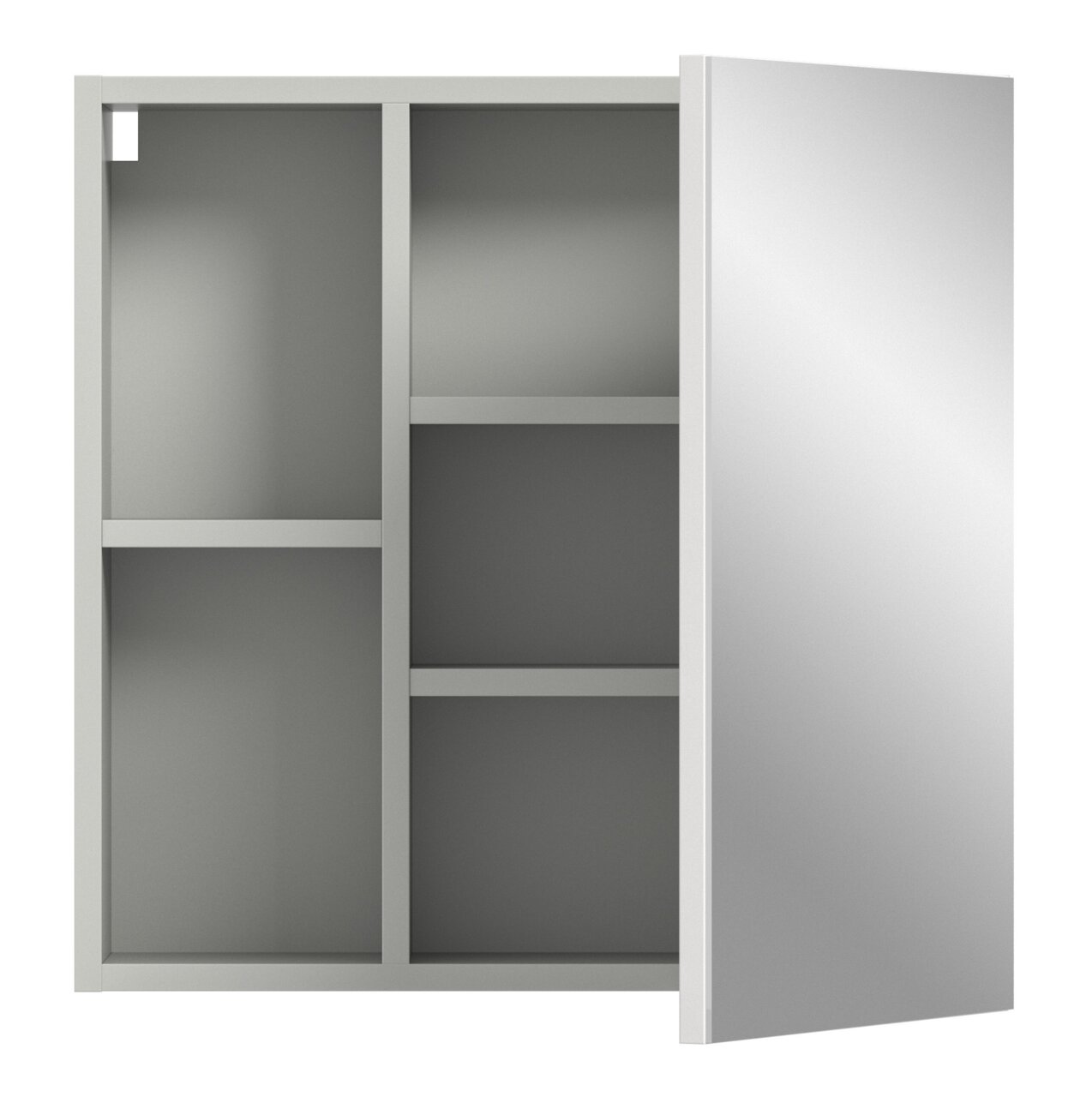 Spiegelschrank mit geöffneter Tür, zeigt Innenfächer aus der Frontalperspektive