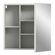 Spiegelschrank mit geöffneter Tür, zeigt Innenfächer aus der Frontalperspektive