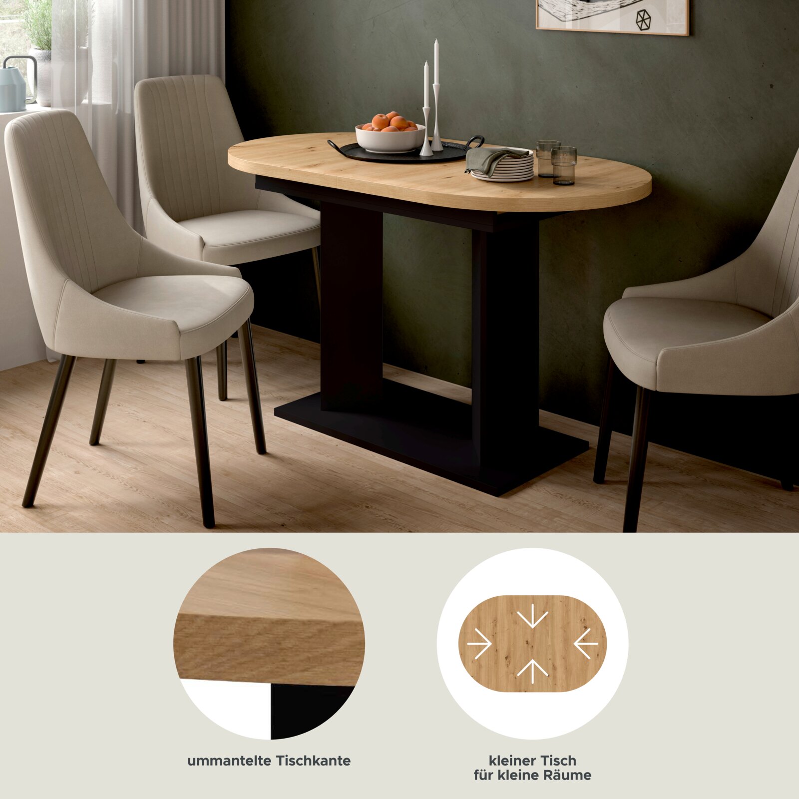 Ovaler Esstisch mit heller Holzplatte und schwarzem Mittelfußgestell, umgeben von gepolsterten Stühlen; perspektivische Ansicht schräg von vorne auf Tischhöhe.