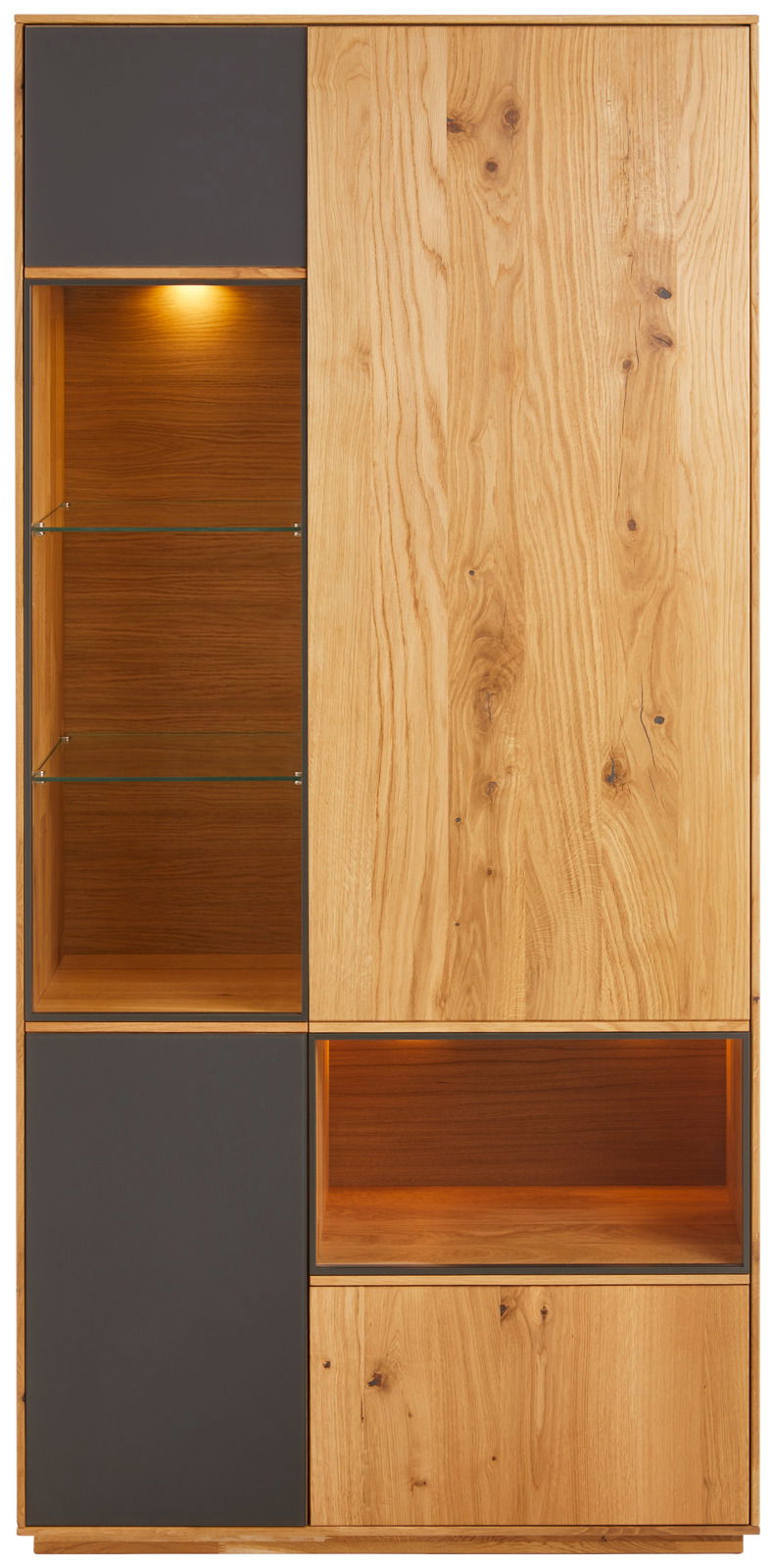 Zweiflügelige Vitrine aus Holz mit Glasregalen und Beleuchtung, Frontalansicht