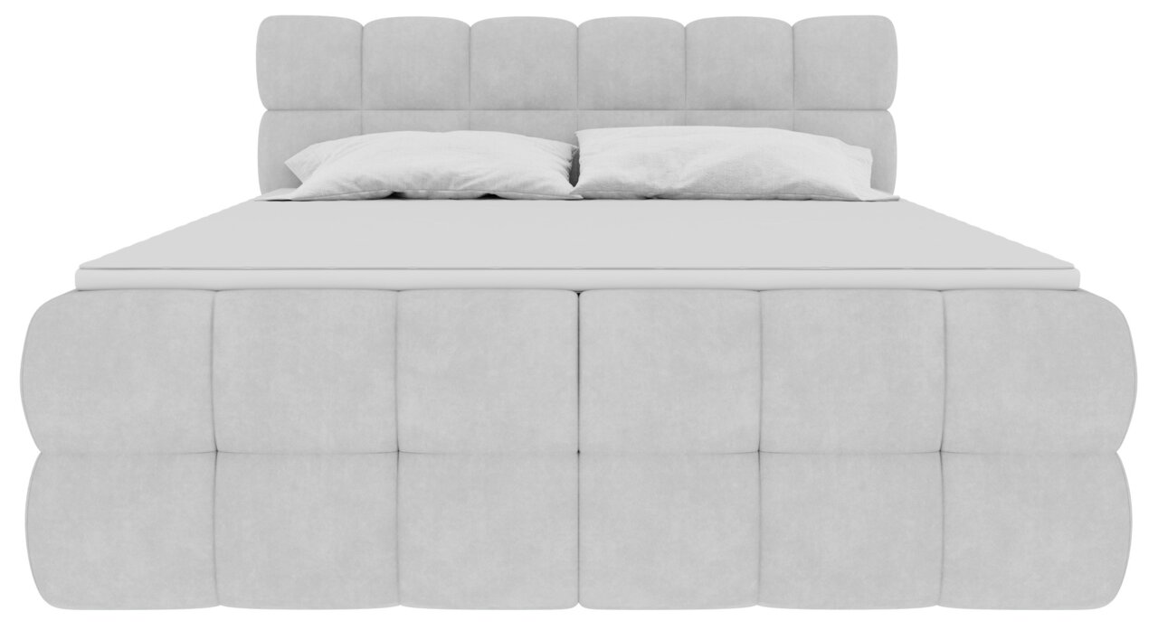 Gepolstertes Polsterbett in Hellgrau mit großem, segmentiertem Kopfteil und weich abgerundetem Bettrahmen, frontal von vorne in leichter Draufsicht dargestellt.