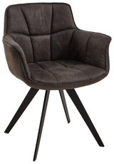 Moderner Sessel mit gepolstertem, dunkelbraunem Stoffbezug und schwarzen Metallbeinen, seitliche Perspektive.