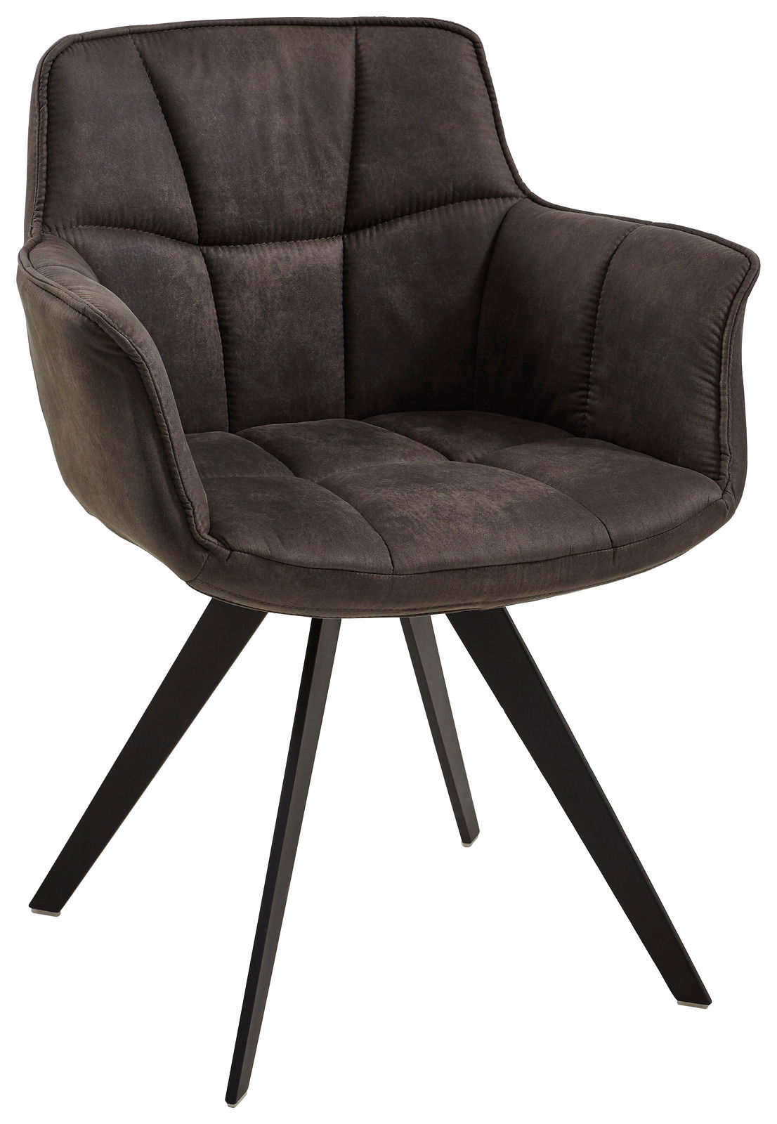 Moderner Sessel mit gepolstertem, dunkelbraunem Stoffbezug und schwarzen Metallbeinen, seitliche Perspektive.