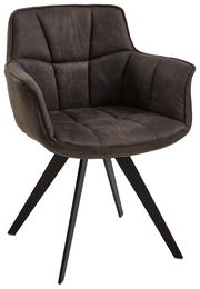 Moderner Sessel mit gepolstertem, dunkelbraunem Stoffbezug und schwarzen Metallbeinen, seitliche Perspektive.