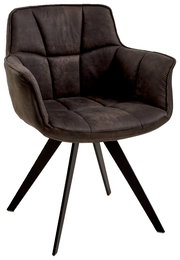 Moderner Sessel mit gepolstertem, dunkelbraunem Stoffbezug und schwarzen Metallbeinen, seitliche Perspektive.