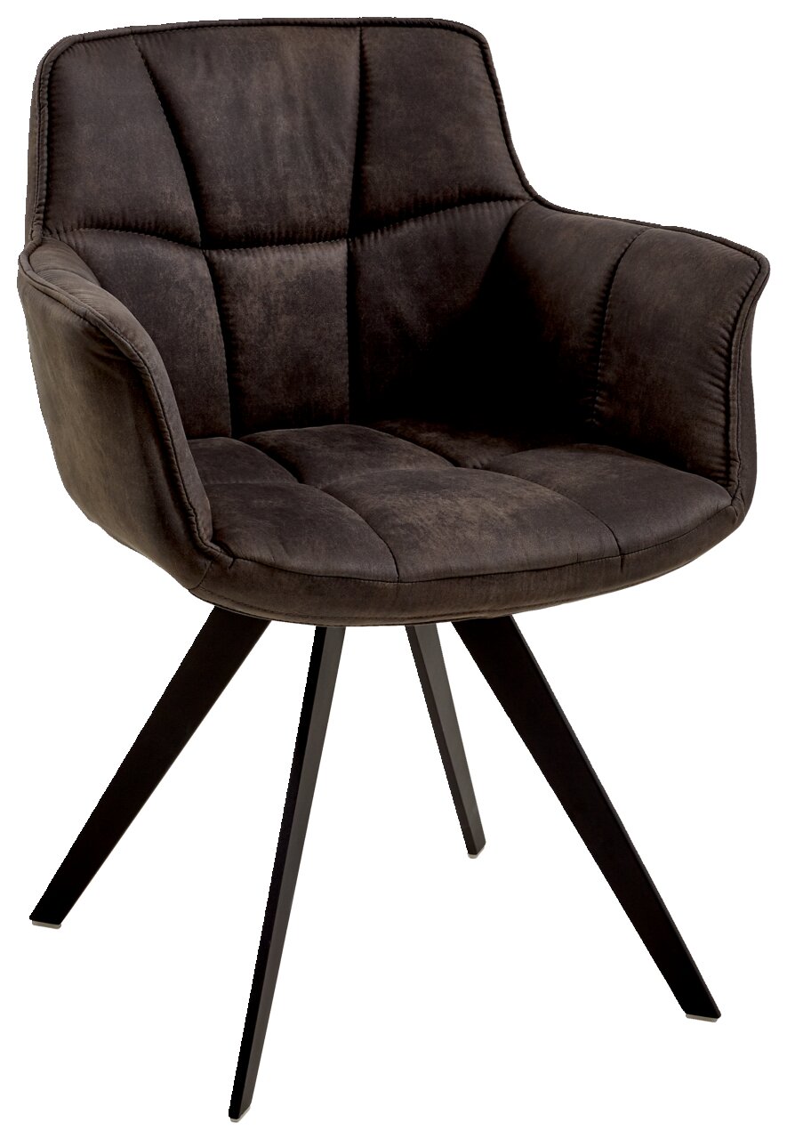 Moderner Sessel mit gepolstertem, dunkelbraunem Stoffbezug und schwarzen Metallbeinen, seitliche Perspektive.
