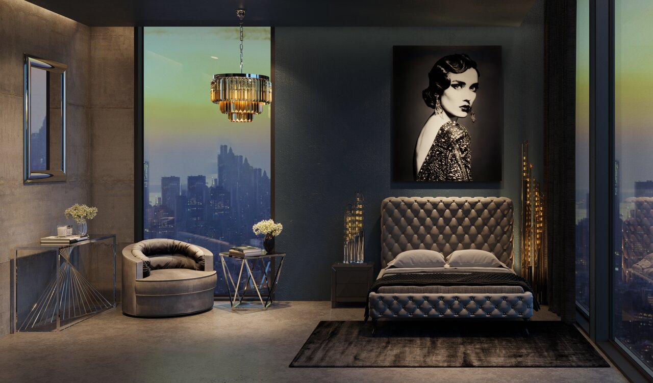 Moderner Beistelltisch mit geometrischem Metallgestell und Glasplatte, seitliche Perspektive in einem stilvollen Schlafzimmer mit Stadtblick.