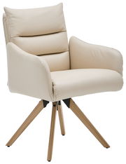 Beiger Armlehnstuhl mit gepolstertem Sitz und Rückenlehne, auf vier Holzbeinen, seitliche Perspektive