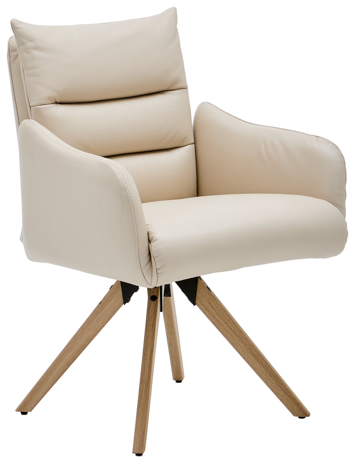 Beiger Armlehnstuhl mit gepolstertem Sitz und Rückenlehne, auf vier Holzbeinen, seitliche Perspektive