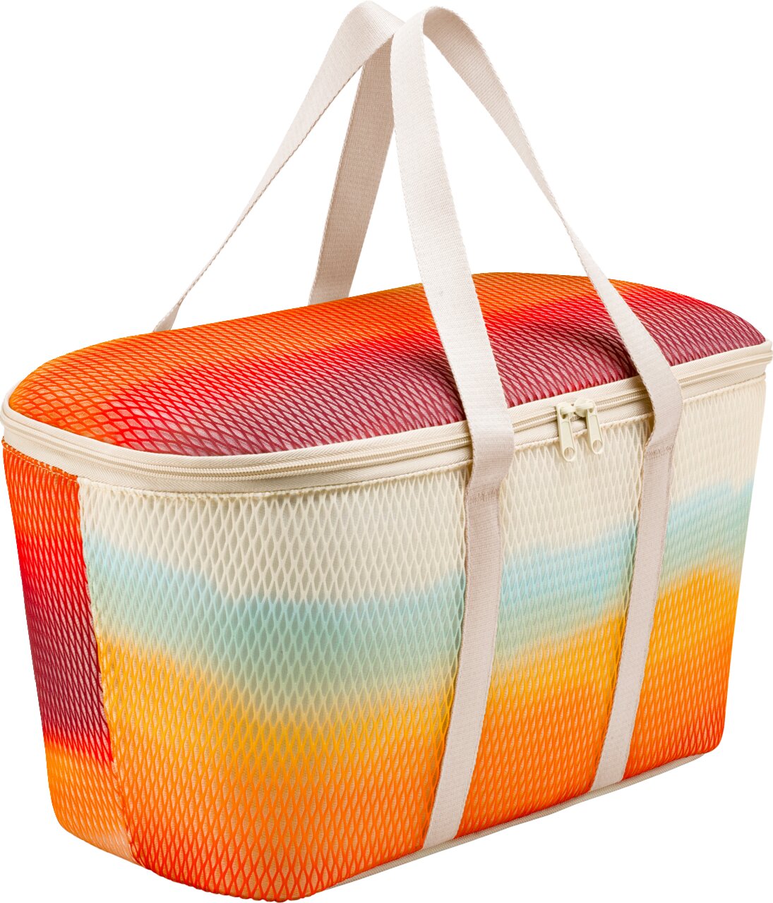 Isolierte Kühltasche mit Reißverschluss und zwei Tragegriffen, farbverlaufendes Netzdesign in Orange/Rot mit hellen Seiten, schräg von vorne rechts fotografiert