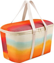Isolierte Kühltasche mit Reißverschluss und zwei Tragegriffen, farbverlaufendes Netzdesign in Orange/Rot mit hellen Seiten, schräg von vorne rechts fotografiert