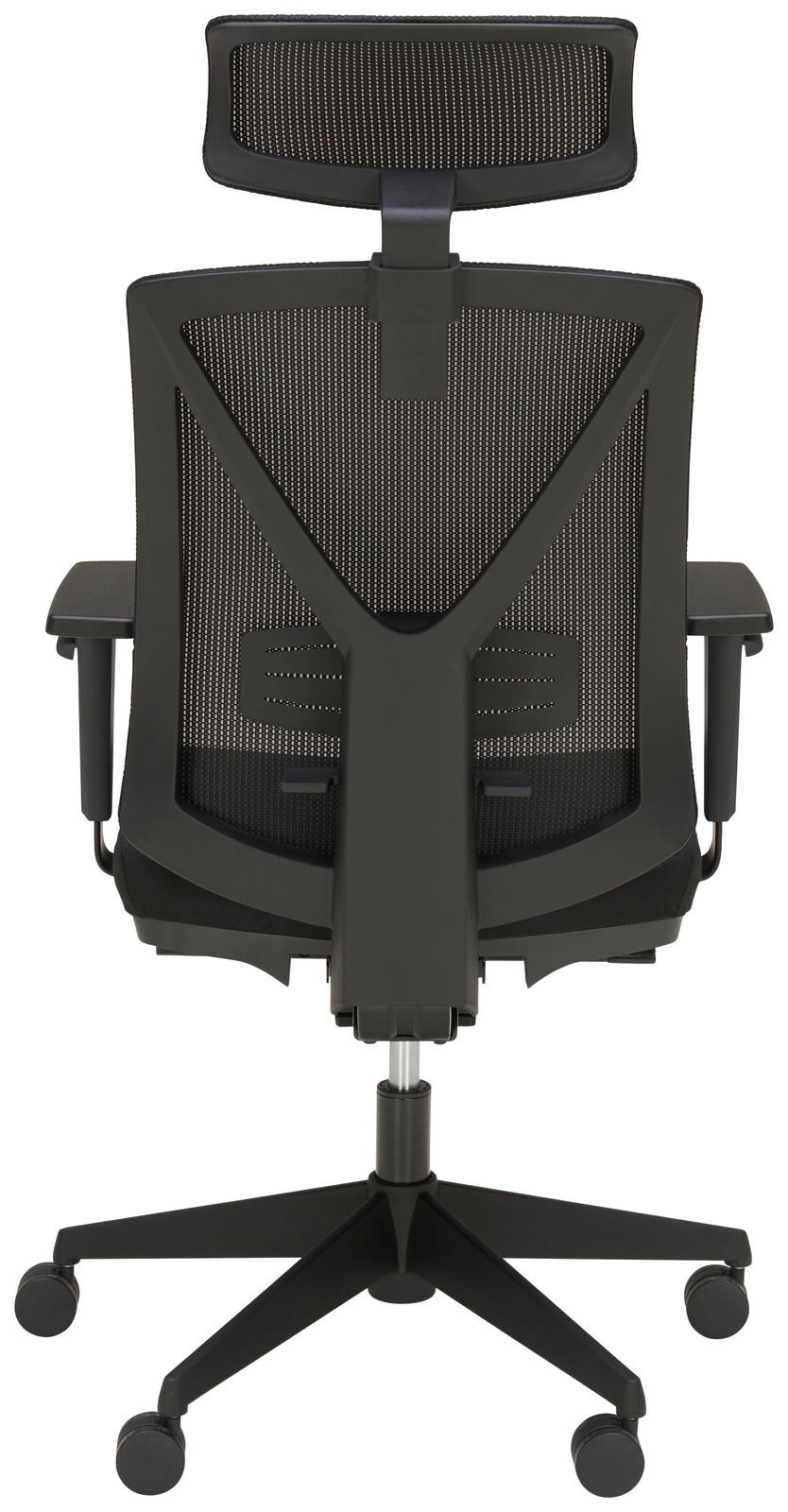 Rückansicht eines modernen Drehstuhls mit Netzrückenlehne und Kopfstütze, auf Rollen.