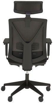 Rückansicht eines modernen Drehstuhls mit Netzrückenlehne und Kopfstütze, auf Rollen.