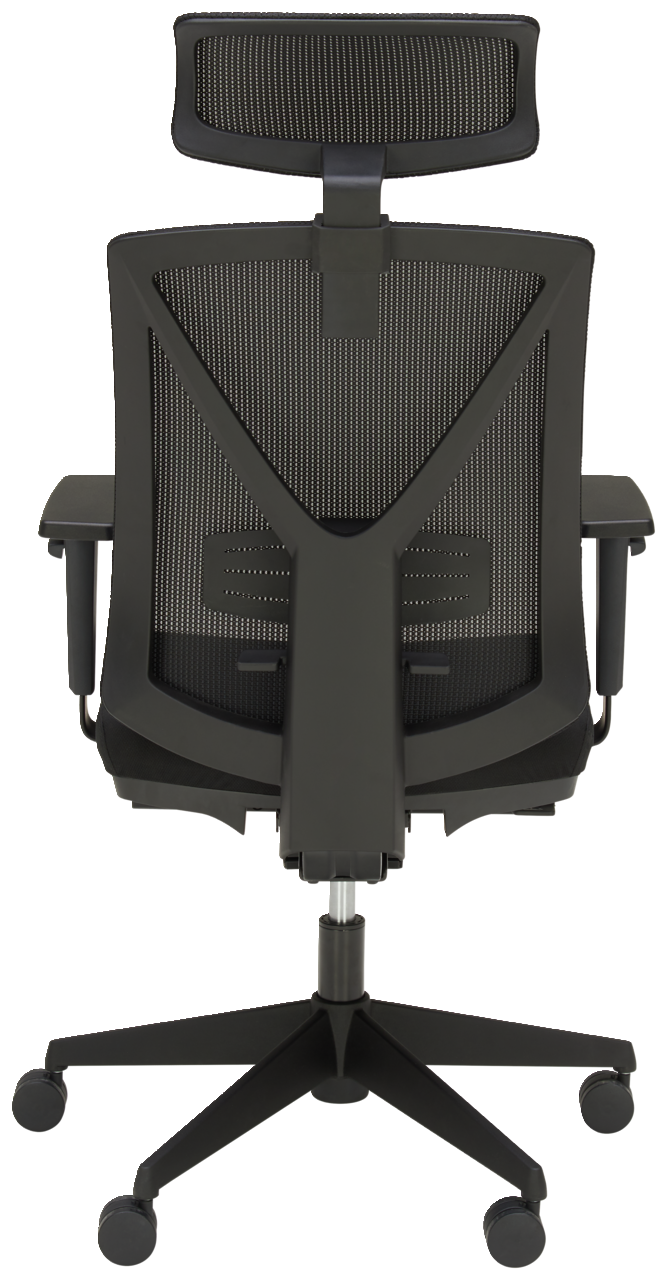 Rückansicht eines modernen Drehstuhls mit Netzrückenlehne und Kopfstütze, auf Rollen.