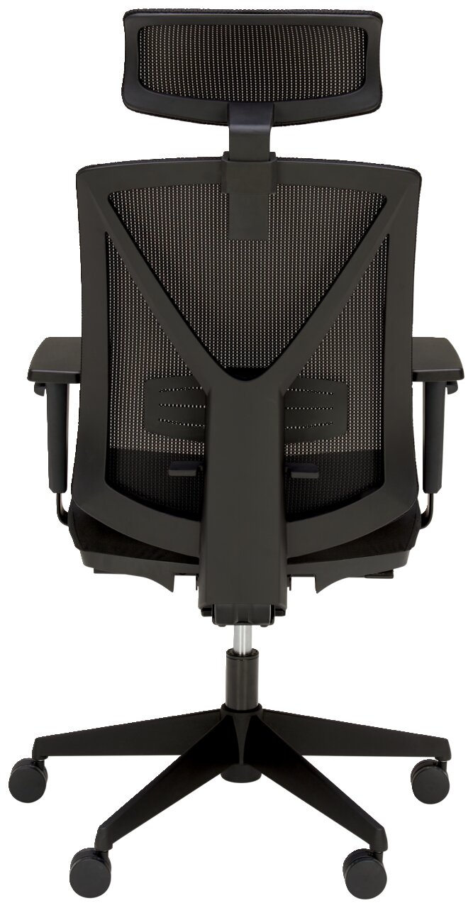 Rückansicht eines modernen Drehstuhls mit Netzrückenlehne und Kopfstütze, auf Rollen.