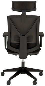 Rückansicht eines modernen Drehstuhls mit Netzrückenlehne und Kopfstütze, auf Rollen.