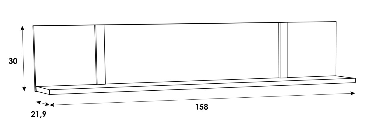 Frontale Ansicht eines Wandregals mit den Maßen 158 cm Breite, 30 cm Höhe und 21,9 cm Tiefe.