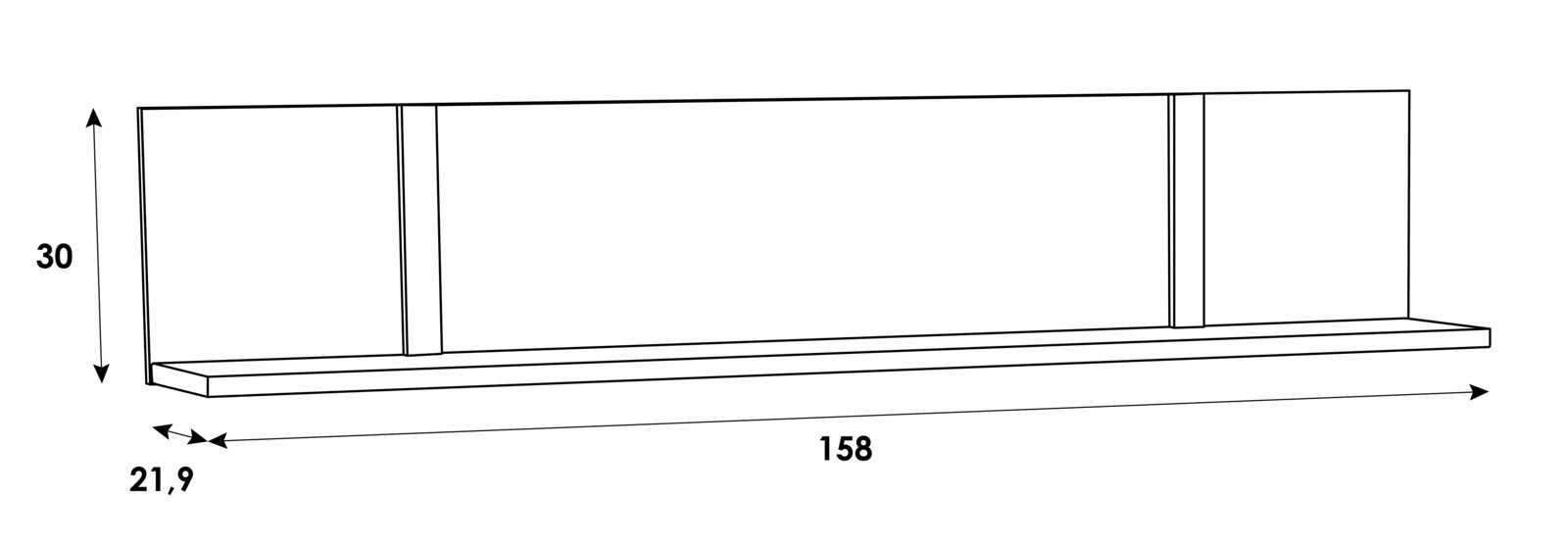 Vooraanzicht van een wandrek met de afmetingen 158 cm breed, 30 cm hoog en 21,9 cm diep.