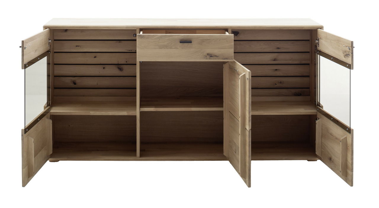 Offenes Sideboard aus Holz mit zwei Türen und einer Schublade, Frontansicht